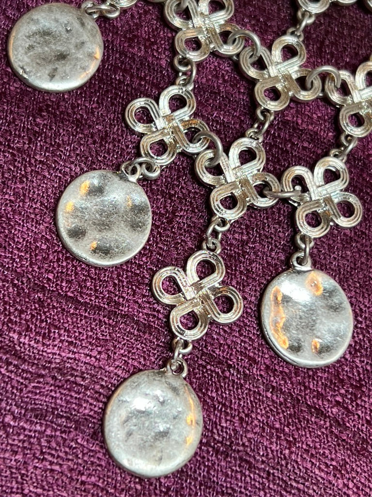 Articulated silver bib necklace silver plated round dangles Andrea Serrahn Serrahna