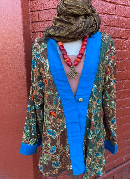 Maharani swing jacket hand embroidered sequin bling olive and electric blue Andrea Serrahn Serrahna