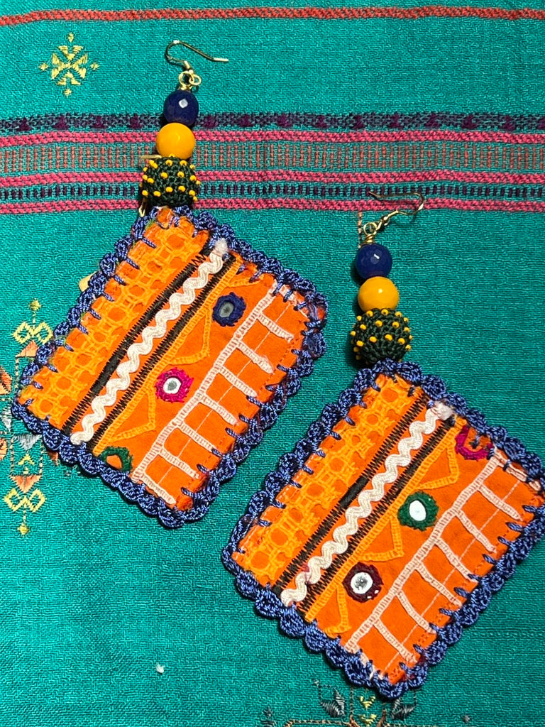 Rabari choli upcycled hand-embroidered oversized lightweight earrings Andrea Serrahn Serrahna