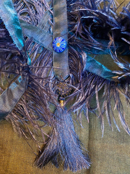 Marabou feather boa navy blue silk trim crocheted tassels Andrea Serrahn Serrahna