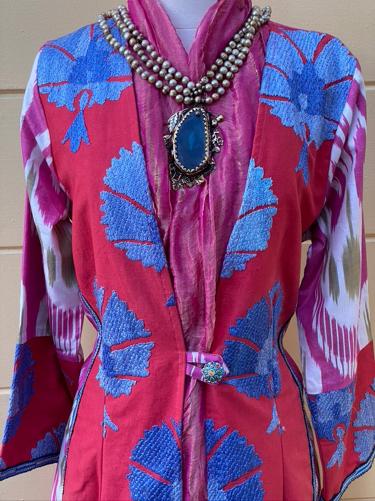 Upcycled Suzani ikat coat long full-length sleeves robe tie Andrea Serrahn Serrahna