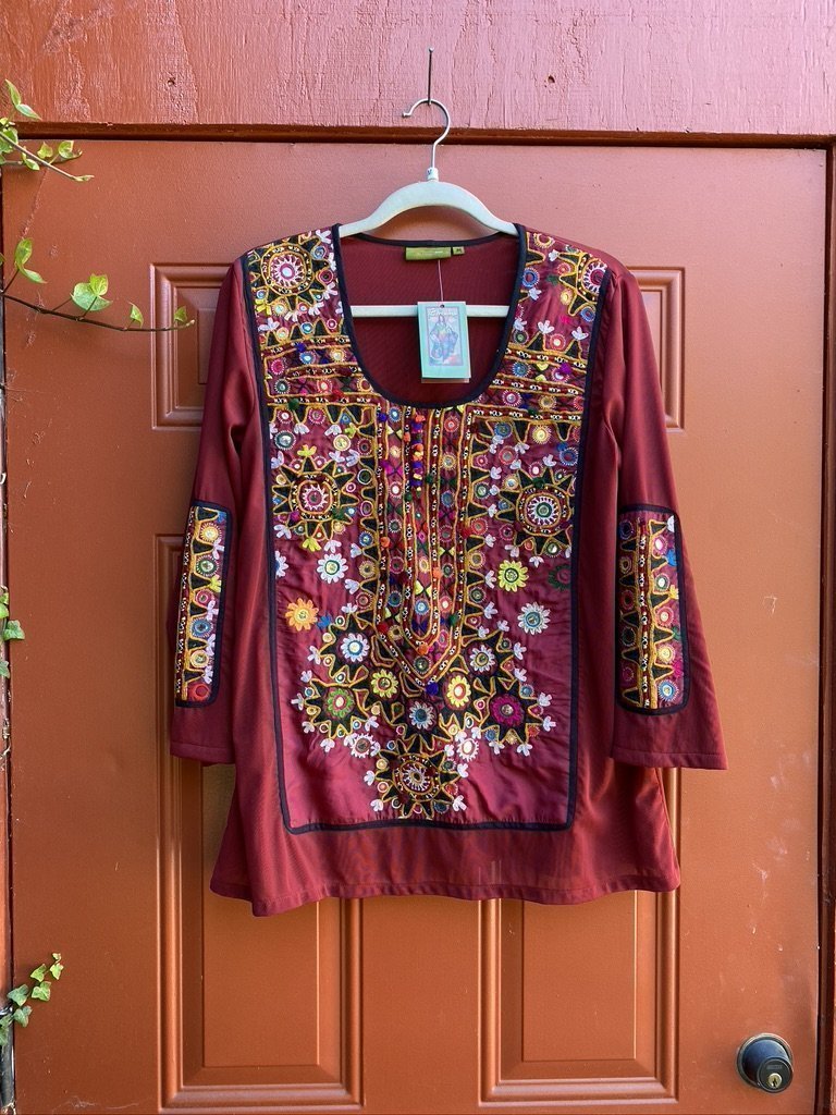 tribal chic kutchi embroidery jat embroidered tunic stretch mesh Andrea Serrahn Serrahna