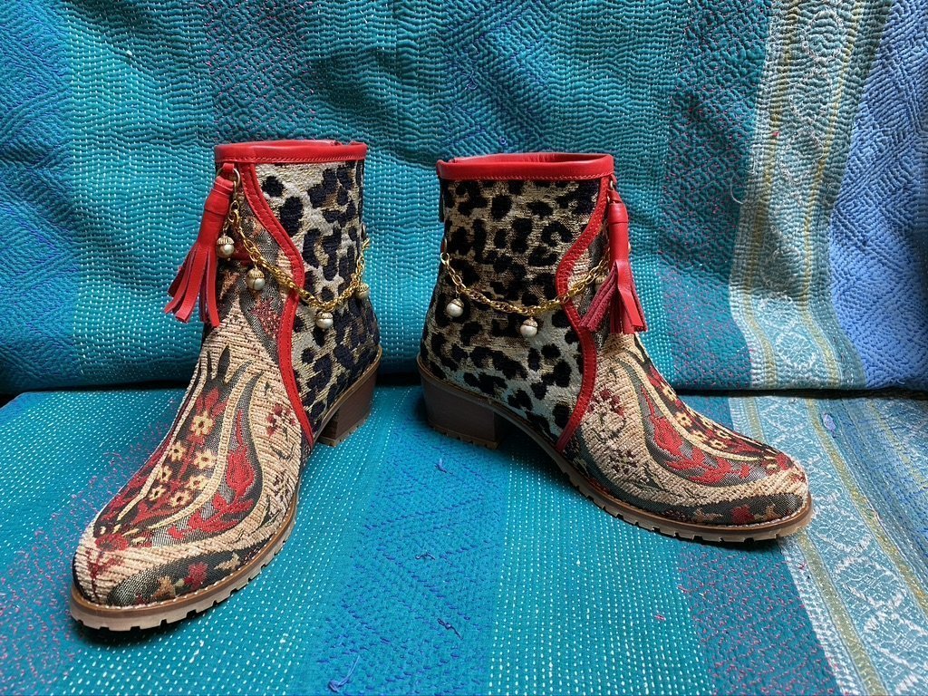 Leopard queen bootie tassles anklet style red piping Andrea Serrahn Serrahna