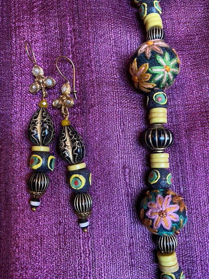 Pearl flower post black and gold resin Nepalese hand rolled ceramic earrings Andrea Serrahn Serrahna