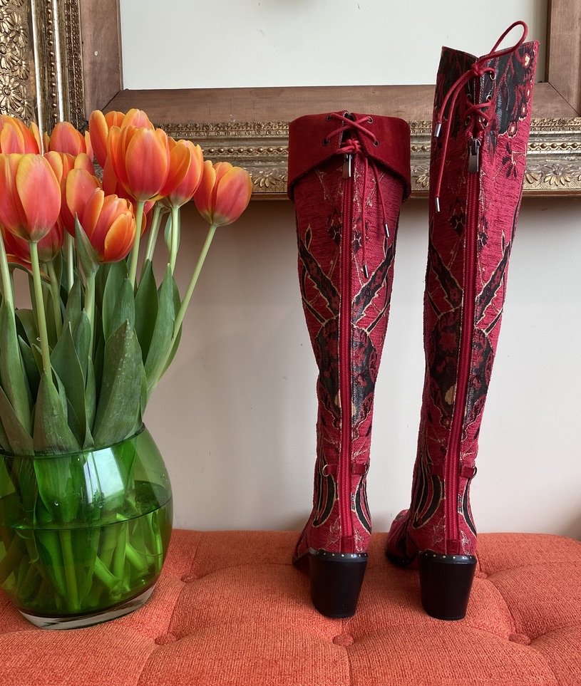 Tip toe tulip over the knee boot anatolian tulip red olive black turquoise fold down boot 2.5 inch heel boot Andrea Serrahn Serrahna