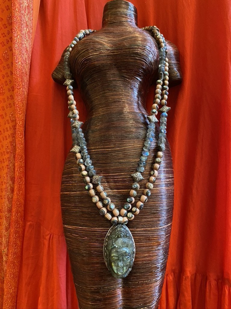 Labrodorite quanyin blue pearls mussel shell inlay beads necklace Andrea Serrahn Serrahna