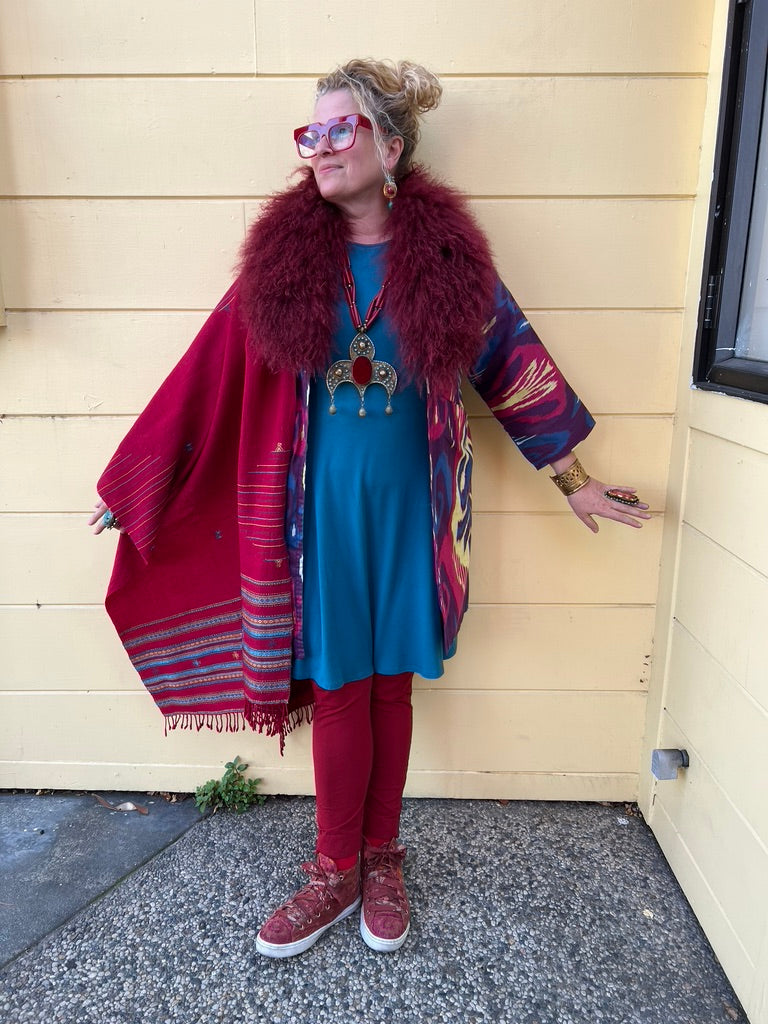 Burgundy ruby red teal turquoise mongolian lamb Ikat jacket Andrea Serrahn Serrahna