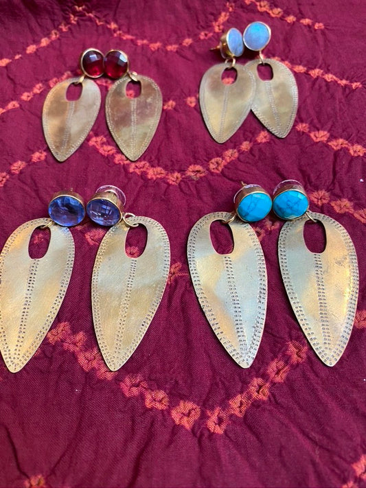 Hand hammered brass long earrings gemstone toppers Andrea Serrahn Serrahna