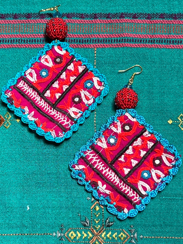 Rabari choli upcycled hand-embroidered oversized lightweight earrings Andrea Serrahn Serrahna