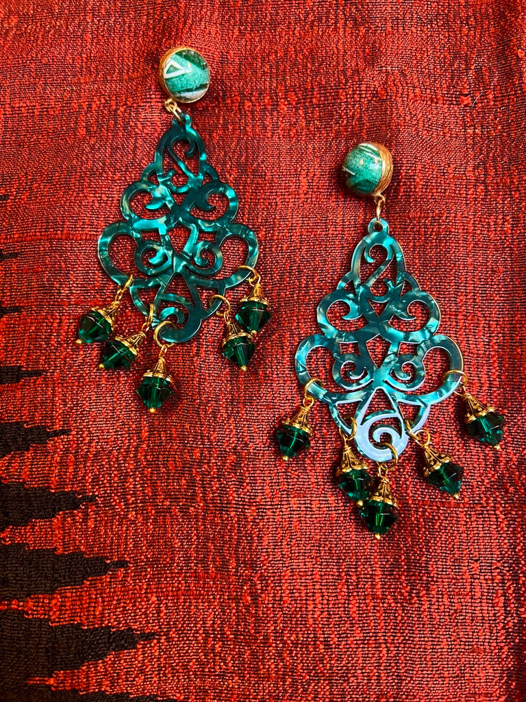 Fancy Florentine Earrings Emerald green crystal mother of pearl finish earrings with malachite posts Andrea Serrahn Serrahna