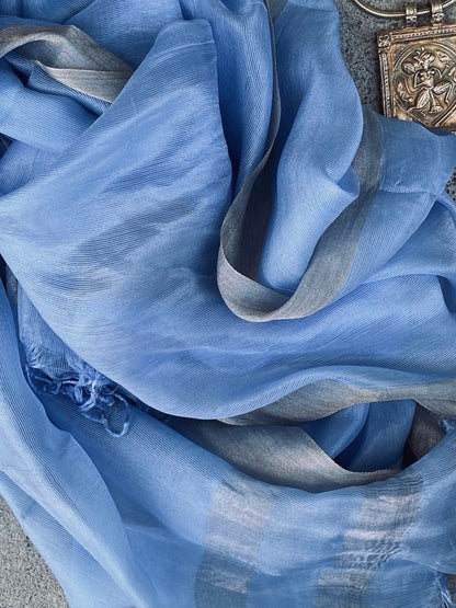 Scrub jay blue whisper pure soft silk with metallic border and fringe tied ends Andrea Serrahn Serrahna