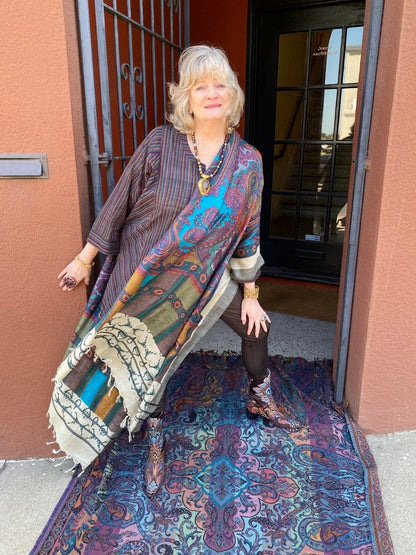 Pashmina shawl Cotton Kurti tunic Tapestry boots druzy necklace Andrea Serrahn Serrahna