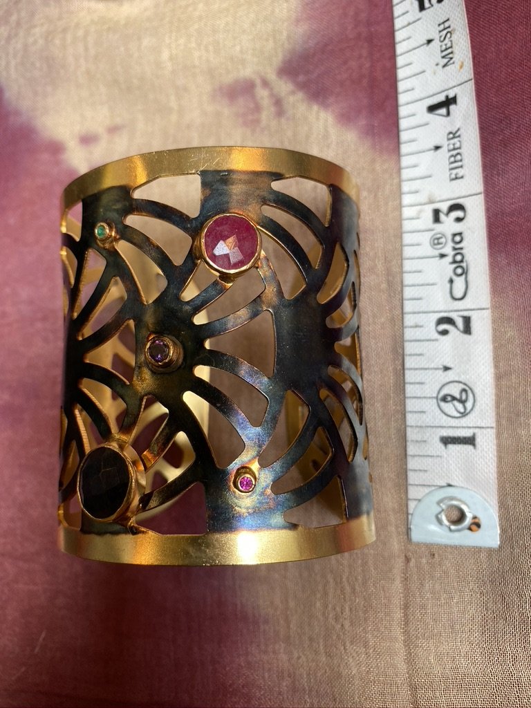 Rainbow tourmaline laser cut brass rhodium plated cuff Andrea Serrahn Serrahna