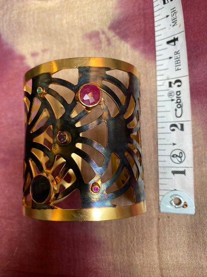Rainbow tourmaline laser cut brass rhodium plated cuff Andrea Serrahn Serrahna