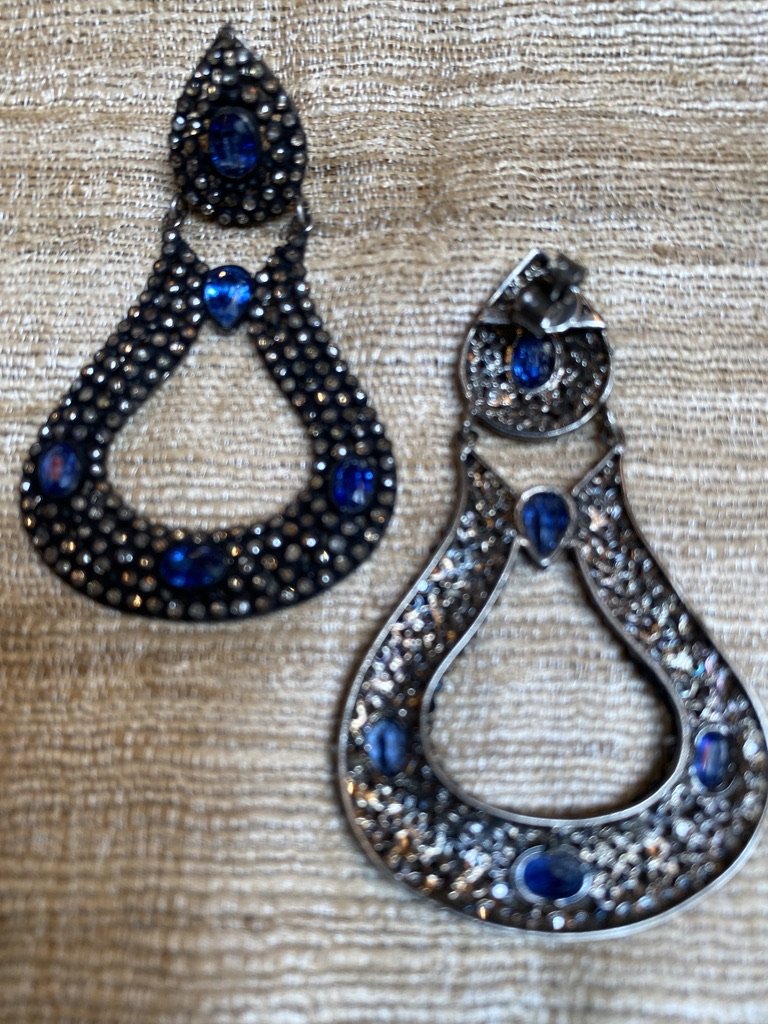 Arabesque hinged sterling silver diamond pave faceted blue tanzanite earrings Andrea Serrahn Serrahna