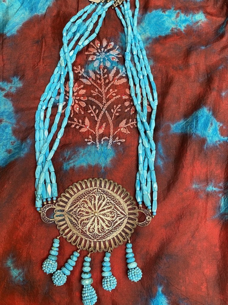 Five strand turquoise necklace with filigree silver medallion necklace Andrea Serrahn Serrahna