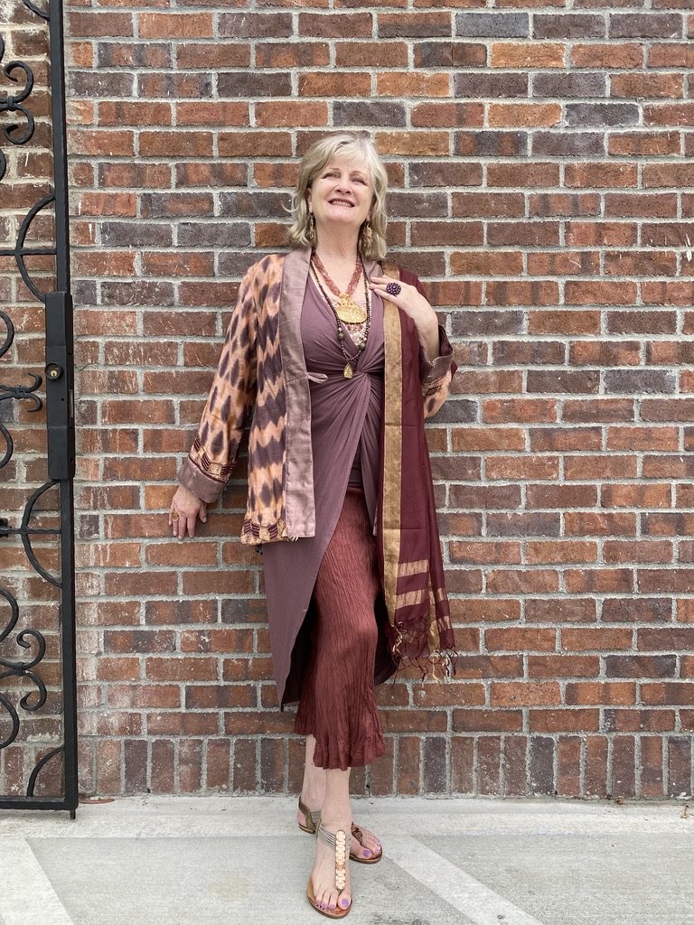 Vintage beaded shawl tussah silk jacket crush skirt tourmaline Andrea Serrahn Serrahna