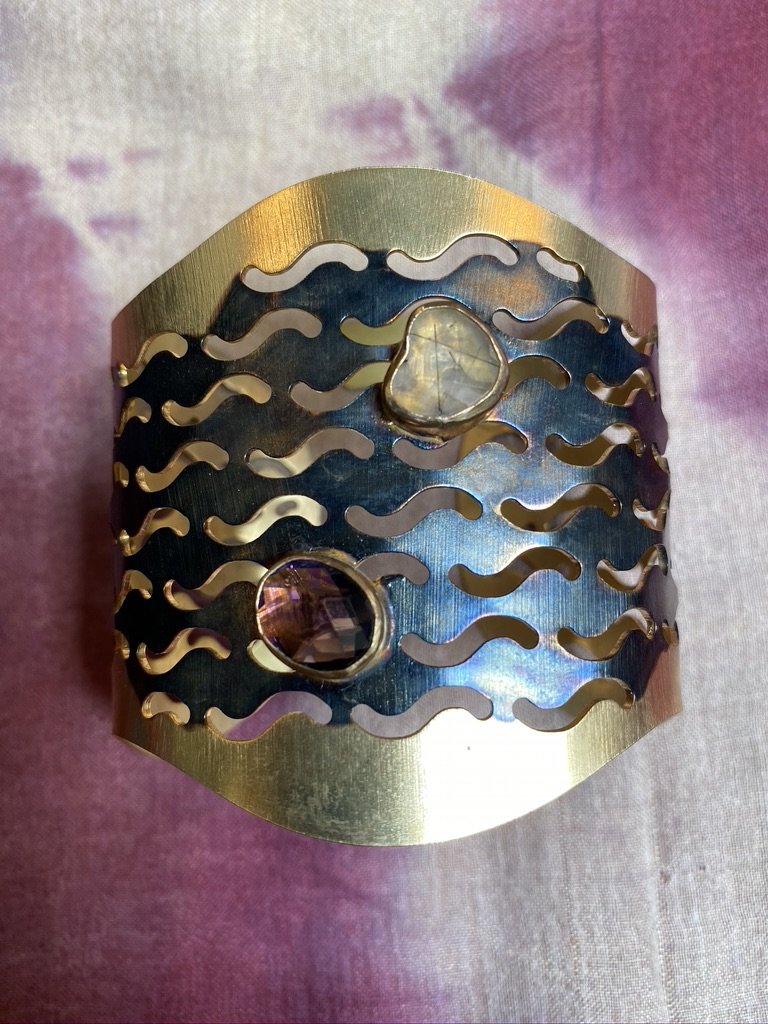 Rainbow tourmaline laser cut brass rhodium plated cuff Andrea Serrahn Serrahna