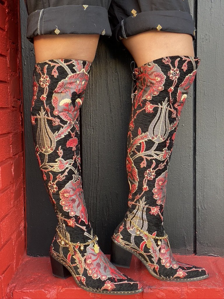 Olive tip toe through the tulip boot anatolian tulip textile over the knee boot Andrea Serrahn Serrahna