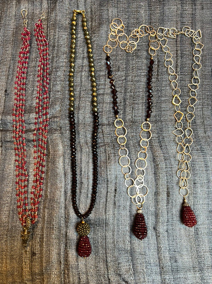 Garnet ruby necklace silver brushed soldered chain double faceted pyrite garnet pendant four strand ruby necklace Andrea Serrahn Serrahna