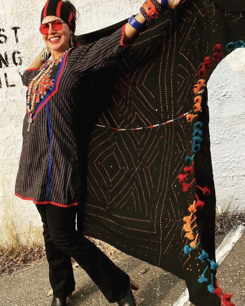 King sized woolen shawl hand loomed hand dyed hand embroidered mirror and tassles Andrea Serrahn Serrahna