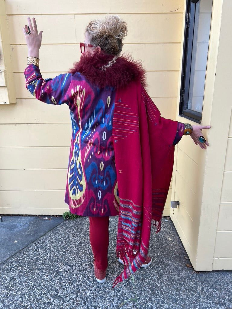 Burgundy ruby red teal turquoise mongolian lamb Ikat jacket Andrea Serrahn Serrahna