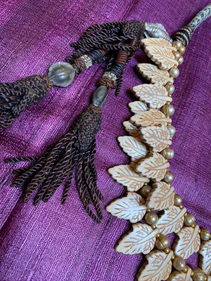 Carved ivory leaf dirty pearl vintage tassles lapis button loop closure necklace Andrea Serrahn Serrahna