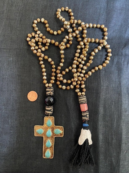 GEMSTONE STUDDED CROSSES WITH DIRTY PEARLS NECKLACE