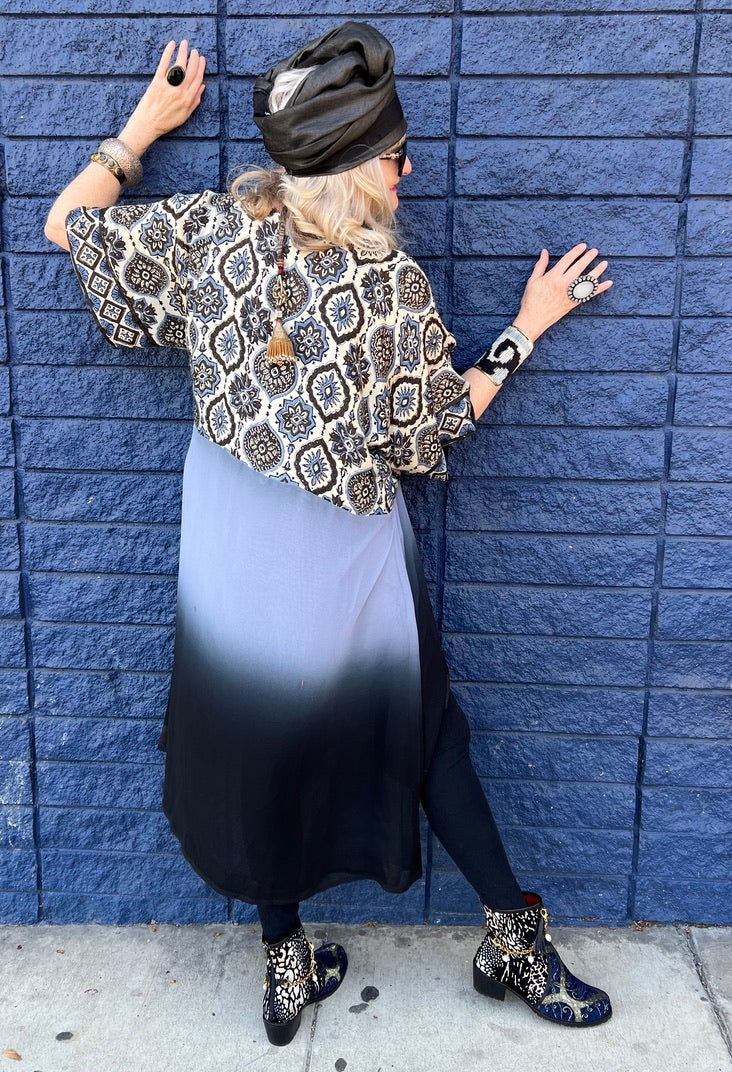 Katya Coatlet silk rayon hand block printed Andrea Serrahn Serrahna