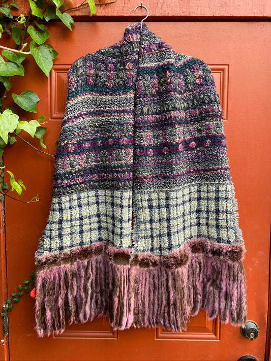 Mocha plum rabbit fringe wool shawl Andrea Serrahn Serrahna
