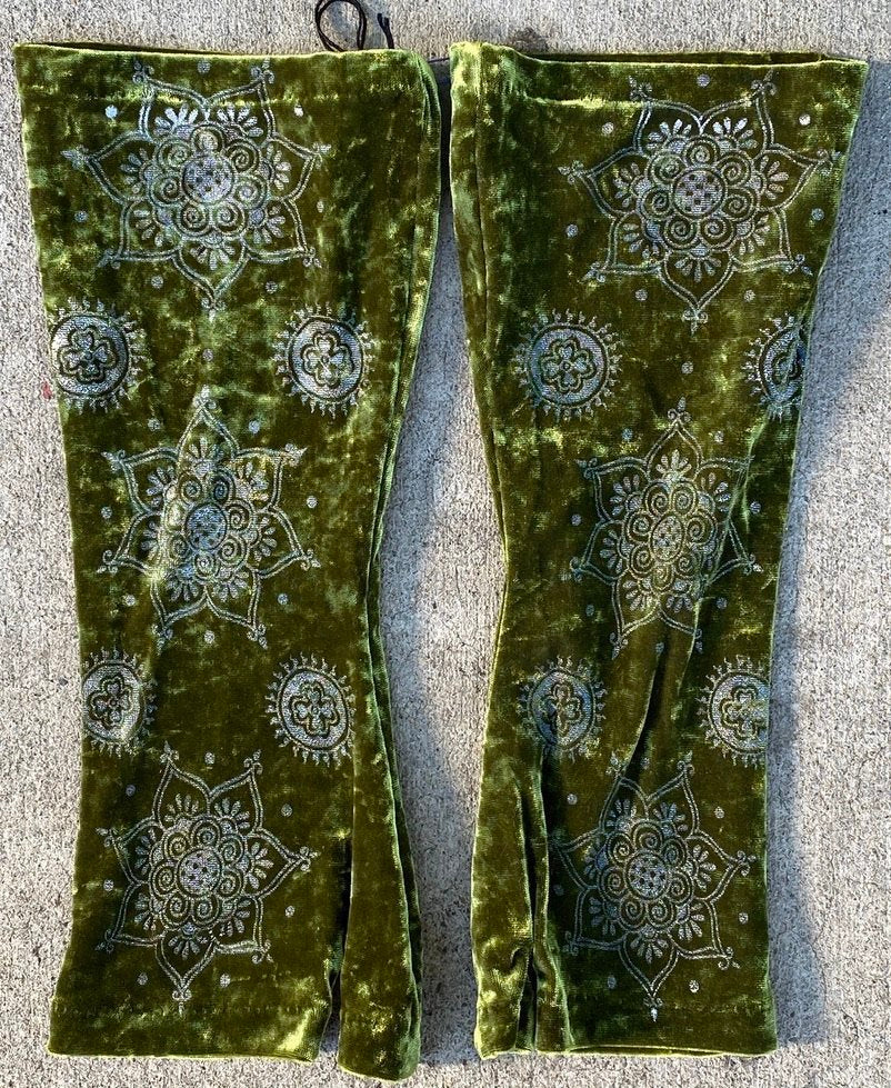Green silver mandala design fingerless velvet gloves Andrea Serrahn Serrahna
