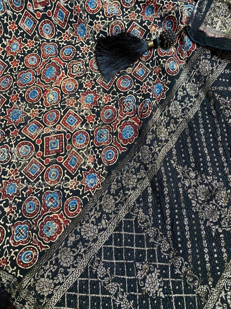 Metallic brocade ajarakh hand printed natural dye shawl Andrea Serrahn Serrahna