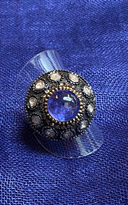 Domed tanzanite ring 10 diamonds silver with 24 kt gold plate ring Andrea Serrahn Serrahna