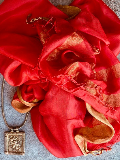 Begonia red whisper pure soft silk with metallic border and fringe tied ends Andrea Serrahn Serrahna
