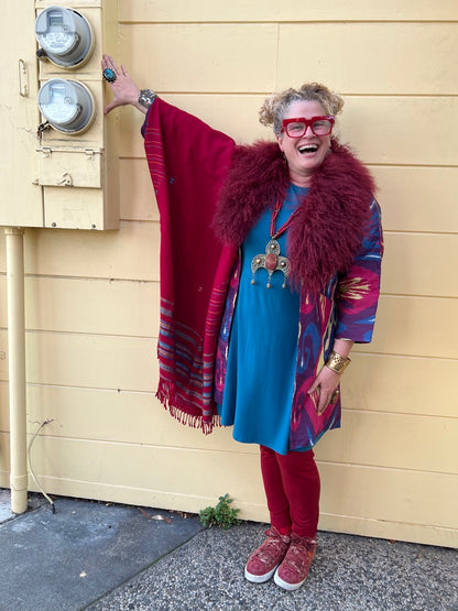 Burgundy ruby red teal turquoise mongolian lamb Ikat jacket Andrea Serrahn Serrahna