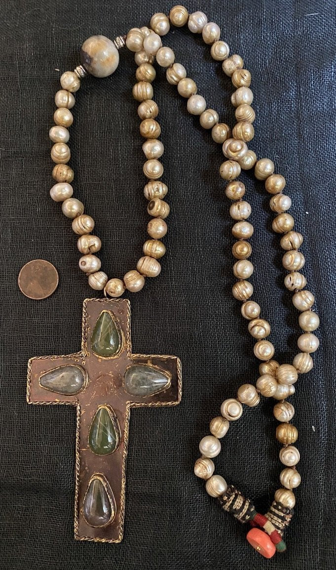 GEMSTONE STUDDED CROSSES WITH DIRTY PEARLS NECKLACE