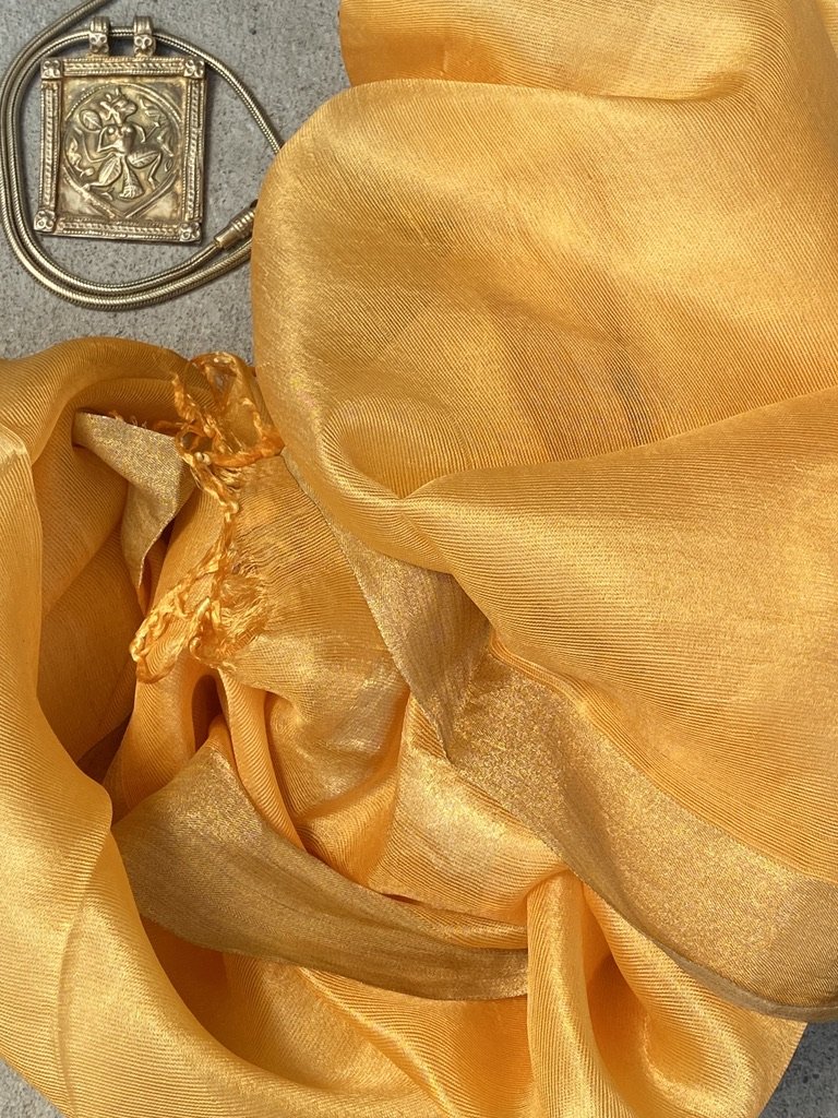 Saffron old gold whisper pure soft silk with metallic border and fringe tied ends Andrea Serrahn Serrahna