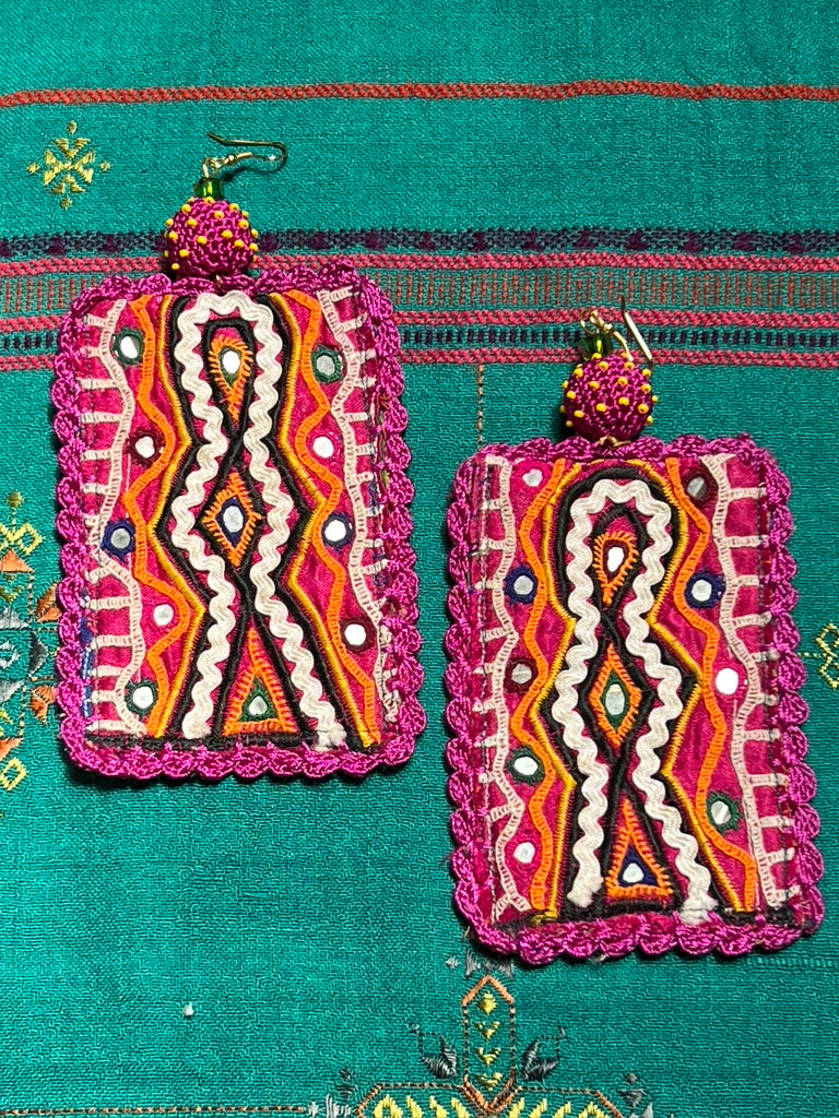 Rabari choli upcycled hand-embroidered oversized lightweight earrings Andrea Serrahn Serrahna