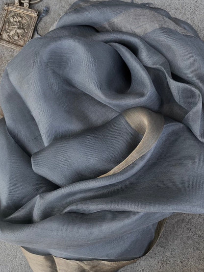 Grey whale whisper pure soft silk with metallic border and fringe tied ends Andrea Serrahn Serrahna