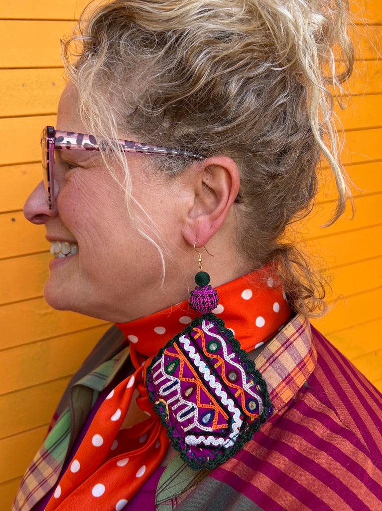 Rabari choli upcycled hand-embroidered oversized lightweight earrings Andrea Serrahn Serrahna