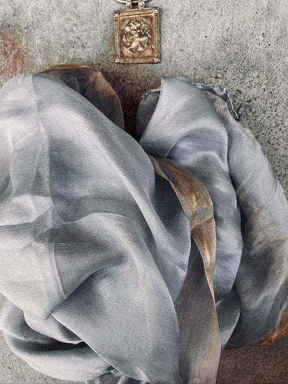 Ice grey whisper pure soft silk with metallic border and fringe tied ends Andrea Serrahn Serrahna