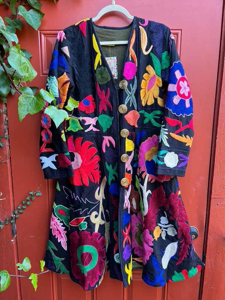 Fleur en noir coat pockets suzani textile a-line coat Andrea Serrahn Serrahna