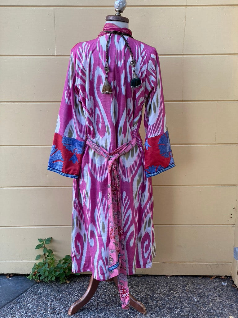 Upcycled Suzani ikat coat long full-length sleeves robe tie Andrea Serrahn Serrahna