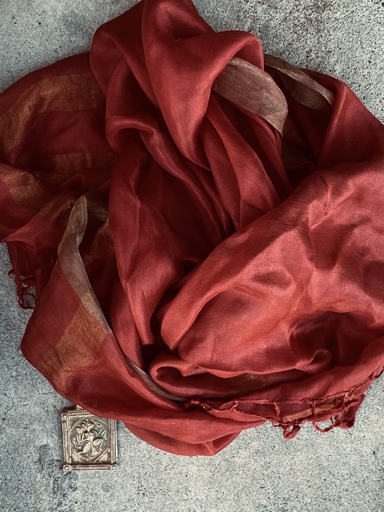Brick red whisper pure soft silk with metallic border and fringe tied ends Andrea Serrahn Serrahna