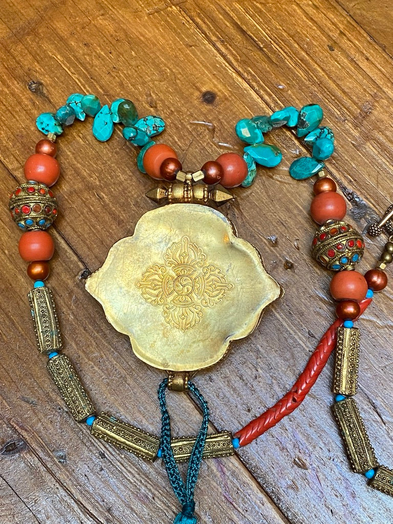 Tibetan gau coral pearl turquoise necklace Andrea Serrahn Serrahna