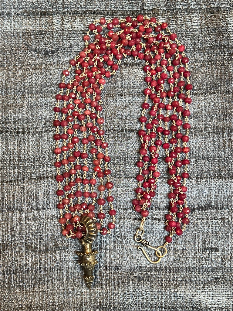 Four Strand Ruby Necklace with Vintage Indian Earcuff Pendant