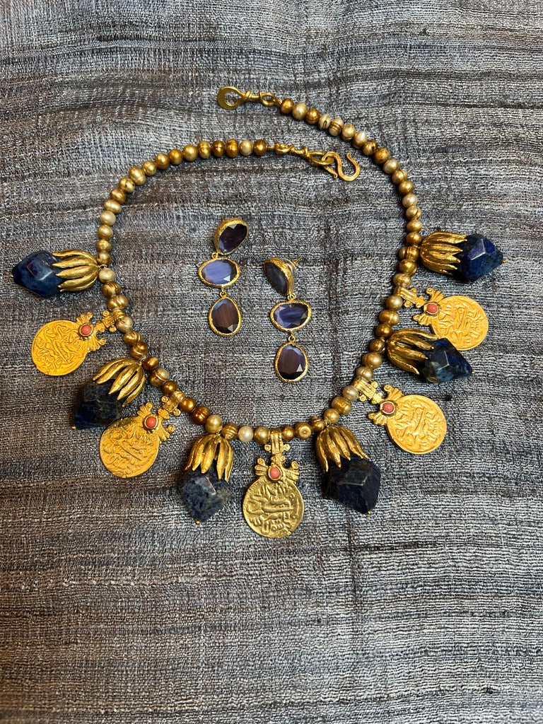 Lapis brass necklace blue catseye earring Andrea Serrahna Serrahna