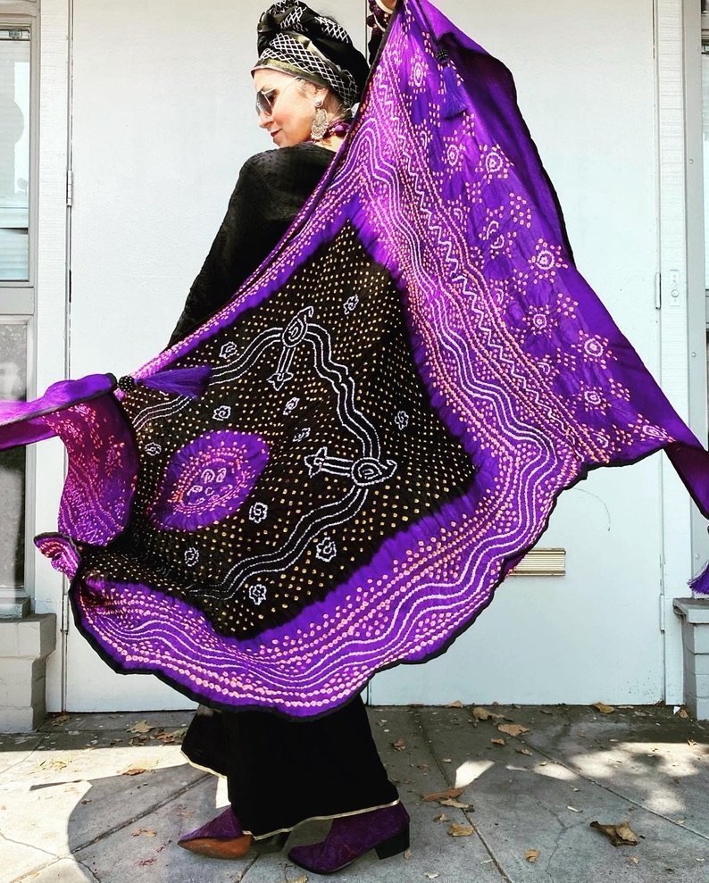 Bandhani silk satin hand dyed and tied shawl purple Andrea Serrahn Serrahna
