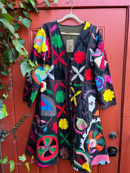 Fleur en noir coat pockets suzani textile a-line coat Andrea Serrahn Serrahna
