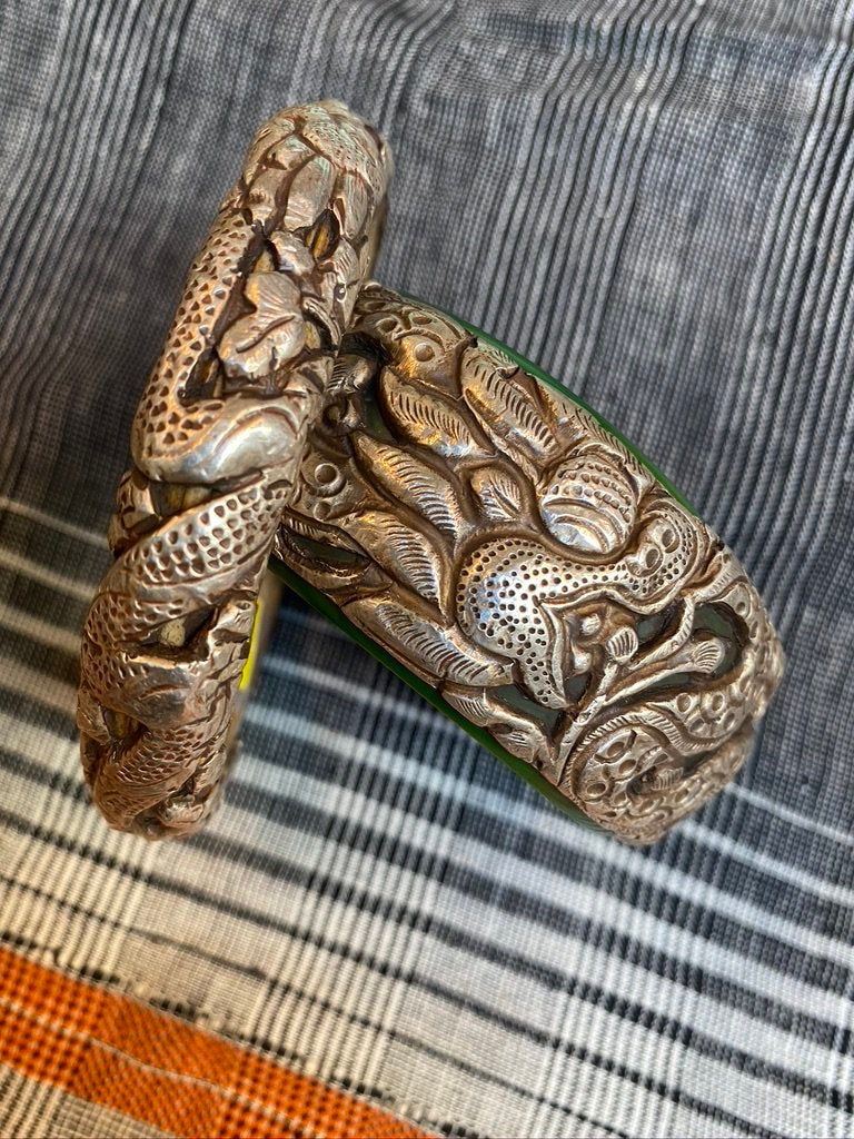 Silver repousse work snake dragon motif 90% sterling Tibetan silver bracelet Andrea Serrahn Serrahna